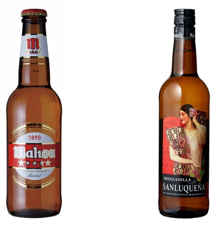 左)マドリードのビール 「マオウ」　右)アンダルシア地方の シェリー酒