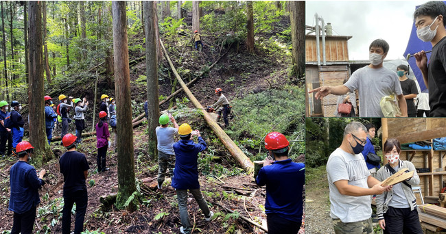 林業の現場理解のために行われた鳥取県智頭町での合宿の様子その1。写真右は、自伐型林業家、大谷訓大氏による伐採の様子。左上は、製材所サカモト代表の坂本晴信氏。