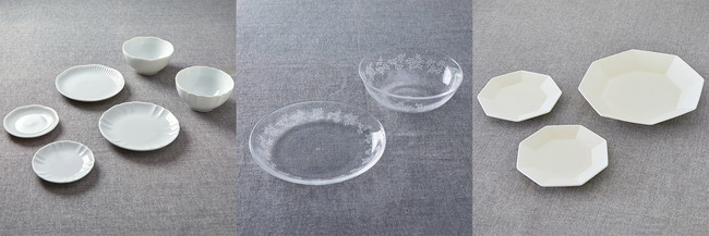 左）白い花型ボウル2点と取皿4点のセット 3,740円（税込）、中）ガラスのうつわセット 3,740円（税込）、右）八角皿(大)1点と八角皿(小)2点のセット 5,390円（税込）