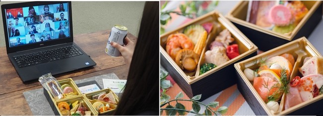 左)オンラインで繋がり、乾杯をして懇親会スタート！　右)ホテルシェフによるお料理をお届け