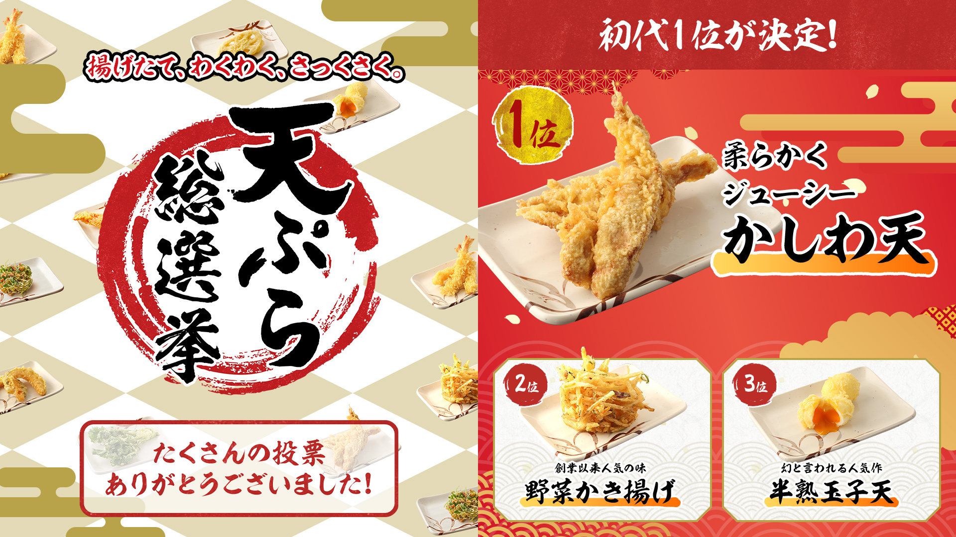 揚げたて わくわく さっくさくの天ぷら初代人気no 1 を決める 丸亀製麺天ぷら総選挙 21 結果発表 株式会社丸亀製麺のプレスリリース 揚げたて わくわく さっくさくの天ぷら初代人気no 1 を決める 丸亀製麺天ぷら総選挙 21 結果発表 株式会社丸亀製麺のプレスリリース