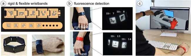 蛍光タグが埋め込まれたブレスレットを着用し、手の動きをデジタル化して再現