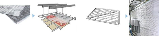 BioPCM(R)を搭載した製品（左：オフィス等の吊り天井向け製品、右：産業シェルター等の壁面向け製品）