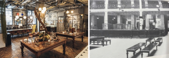 左)２つの大きな木製のテーブルは建物と同じ1920年頃にBanque de France（フランス銀行）で使われていたもの。　右)当時の銀行で使われていた様子。