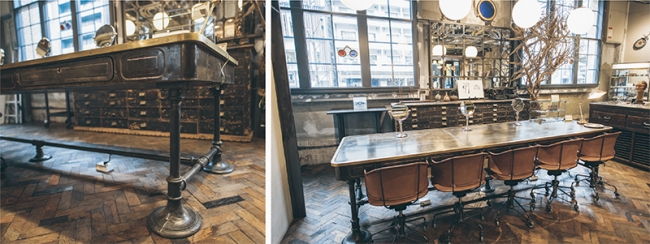 鉄製の接客テーブルも同じBanque de Franceにてもう少し古く1900年頃に使われていたもの。床はロンドンからビンテージのヘリンボーン・パーケットのフローリング材を輸入して敷き詰めた。