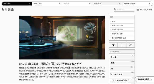 「 SHUTTER Glass ｜ 見過ごす「美」にしおりをはさむメガネ」イノベーションメディア知財図鑑 掲載時の様子