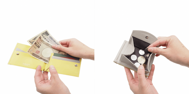 Money Clip Wallet使用例　左）内装　　右）小銭用ポケット　　※今回ご紹介している製品とはカラーが異なります。