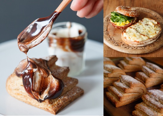 写真左：冬限定 NEW「クロワッサンスコーン w/チョコ＆リッチクリーム」　写真右：上からNEW「ホットサンド2種」、「クロワッサンスコーン」焼き上がりイメージ