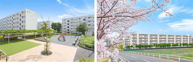 （左）住宅敷地内の公園（右）町田木曽住宅の外観