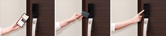 お部屋の玄関を解錠するイメージ（左からスマートフォンアプリ、ICカード、パスコード入力）※写真：ビットキー提供