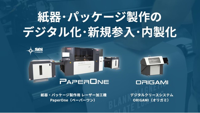 （左）紙器・パッケージ向け筋押し機能搭載 シートtoシート自動搬送レーザー加工機「SEIシリーズ PaperOne」 （右）新製品：デジタルダイカットクリースシステム「ORIGAMI」