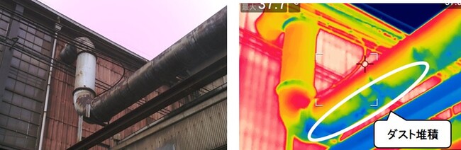 屋外外観の確認（左）と 赤外線カメラによるダクト内の堆積確認（右）