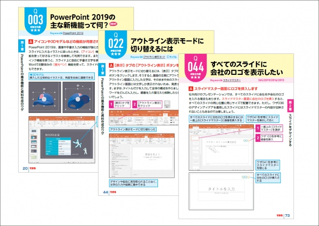 PowerPoint 2019の新機能や、 「スライドマスター」「アウトライン」などのワザも掲載