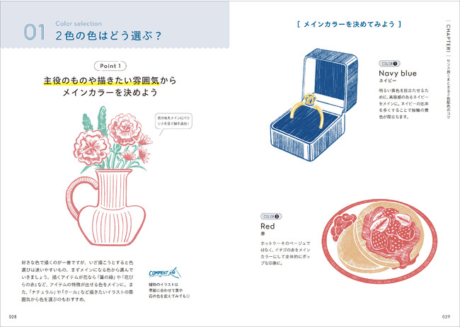 イラスト全体が締まる2色の組み合わせ方や、メリハリが生まれる線の描き分け方＆塗り方など基本のポイントをやさしく解説しています。