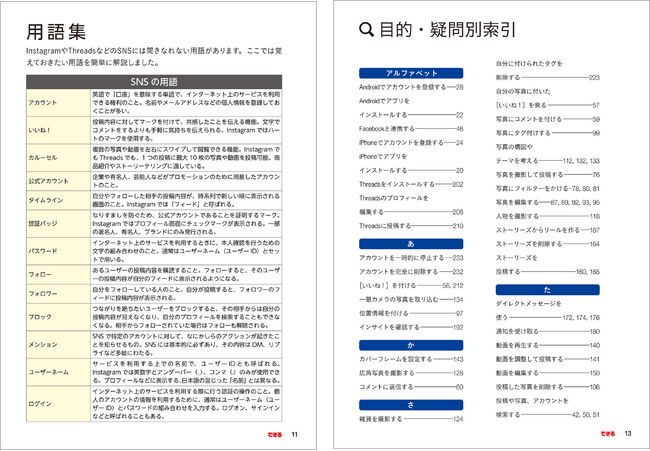 巻頭には用語集と目的・疑問別索引を付けているので、意味を調べたり、やりたいことを探したりするのに役立ちます