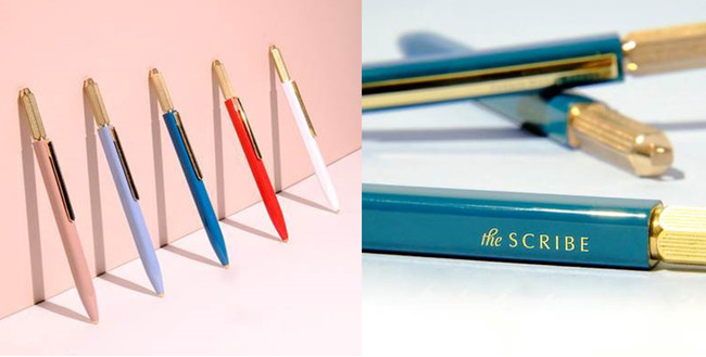 （左）華やかな気分になる5色展開（右）四角のペン軸にthe SCRIBEの刻印がデザイン