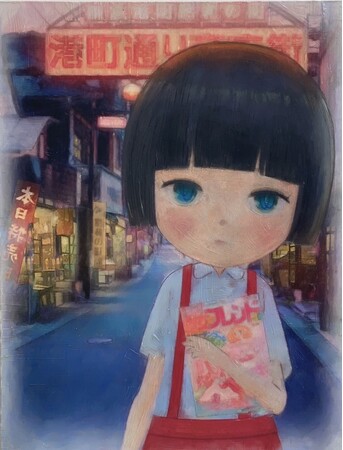 Akko-chan’s Secret Sunset Time, 2023；Acrylic, oil pastel and pencil on canvas 65.2×50.0cm 