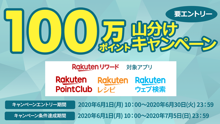 「楽天リワード」、「楽天リワード対象アプリ 100万ポイント山分けキャンペーン」を開始