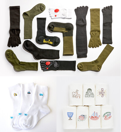 現役自衛隊隊員の声から生まれた5本指靴下「GUTS-MAN」(上)、「お名前刺繍入り靴下」(左下)と薄手の腹巻き「ならまき」(右下)
