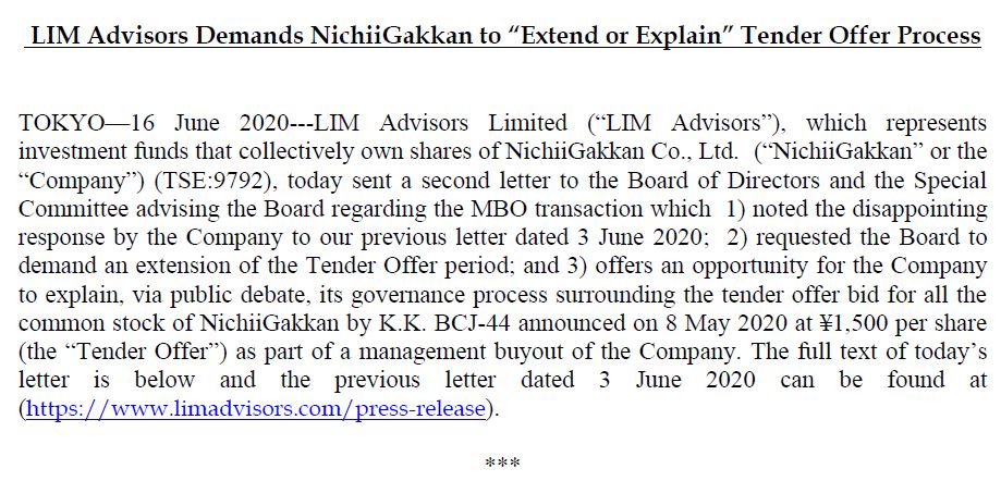 リム・アドバイザーズ、ニチイ学館に対しＴＯＢ期間延長と公開討論を求める新たな書簡を送付