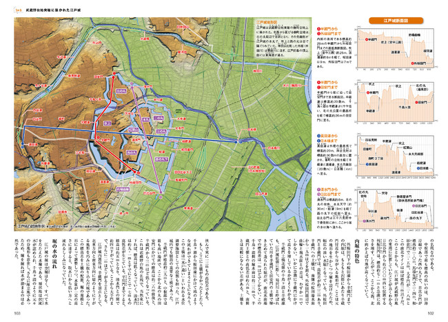 武蔵野台地の突端に築かれている江戸城は、内郭内の高低差が最大25メートルもある。 