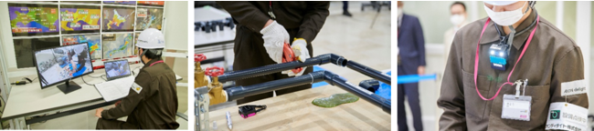 左：CSCから遠隔での業務支援　中：給水ポンプ配管復旧の一次対応　右：ウェアラブルカメラを装着 CSCと現地を「映像・音声」で接続