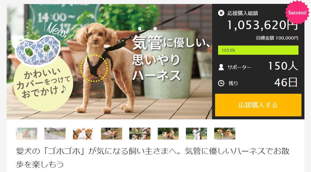 支援額 1000 達成 人気サイズ追加リターン決定 愛犬の ゴホゴホ が気になる 気管に優しいハーネス 専用カバー ダイヤ工業株式会社のプレスリリース