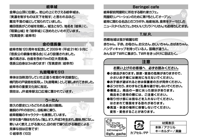 第一弾は、岐阜城、金の信長像、丸窓電車モ513、うーたん、Beringei cafe、T.W.Rの６種類！