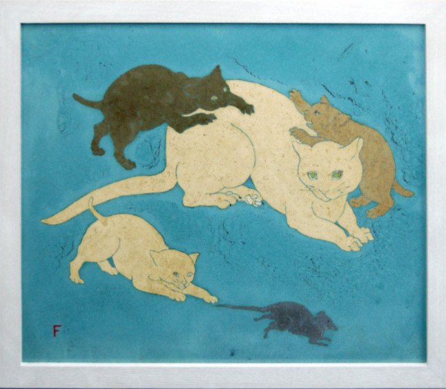 「雌猫と子猫と鼠」 1925年　ラップ石　46.5x55cm