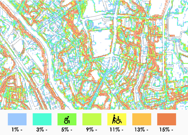 図2：勾配マップ（道路の勾配を表現した地図）