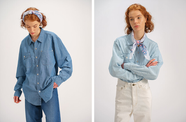 COTTON LINEN CHAMBRAY SHIRT　（左）ユーズド （右）ライトユーズド