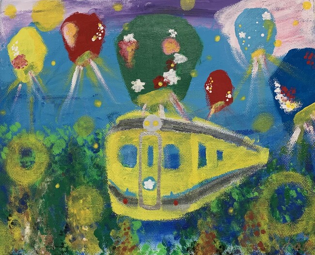 マイ・リトル “いすみ鉄道(ランタン）” 2022，220×273m、キャンバスにアクリル丨指絵