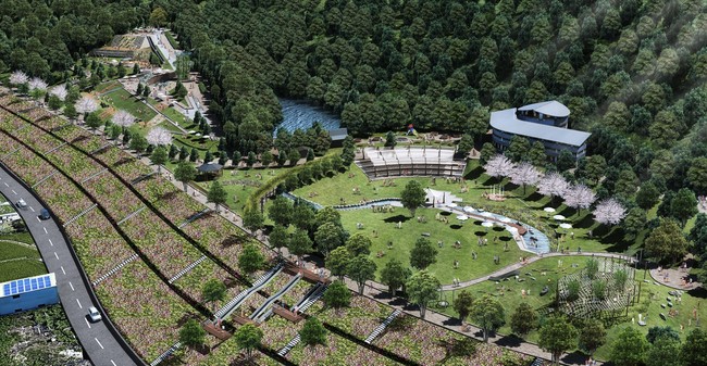 公園左上の丘陵部が「見晴らしの丘」、中央広場部分が「四季の広場」