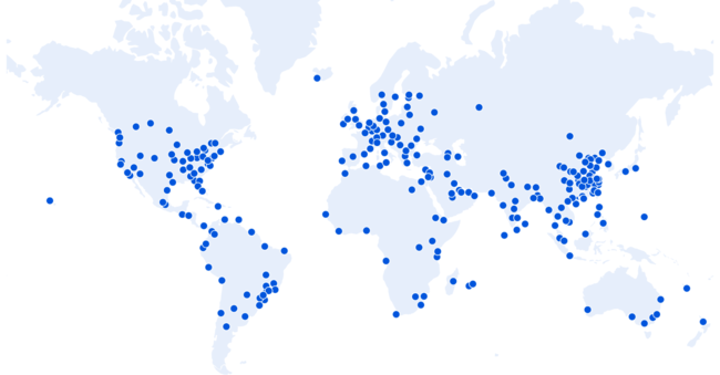 Cloudflareが展開している250以上の都市をまとめた世界地図