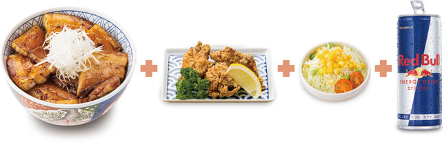 Cセット：豚バラ丼〈並〉＋から揚げ＋サラダ＋レッドブル(250ml)1本