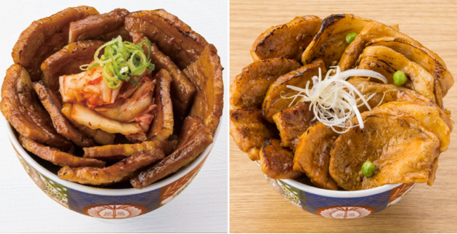 （左）キムチ豚バラ丼〈メガ〉（右）ハーフ&ハーフ丼〈メガ〉