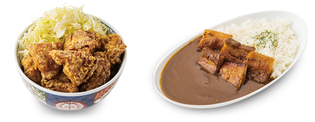 (左)元祖から揚げ丼〈並〉(右)豚バラカレー〈並〉 (左)元祖から揚げ丼〈並〉(右)豚バラカレー〈並〉