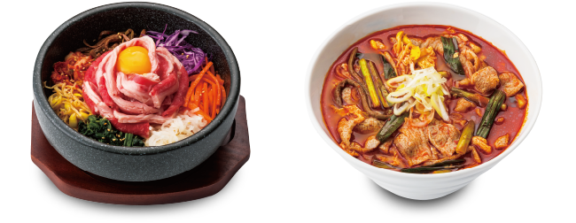 (左)石焼カルビビビンパ(右)カルビチゲスープ (左)石焼カルビビビンパ(右)カルビチゲスープ