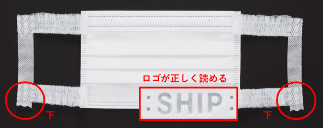 ３．耳掛け部分の突出がある方を下にして、 “SHIP”のロゴが正しく読める側が、外側になるように着用します。