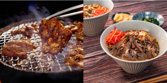 焼肉用代替肉「NEXT焼肉」シリーズ（カルビタイプ・ハラミタイプ・左）とNEXT牛丼（右）