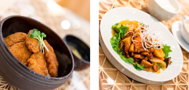 今回メニュー化された入賞レシピ（左：優勝の「NEXTタレカツ丼」、右：準優勝の「野菜いっぱいNEXT中華」）