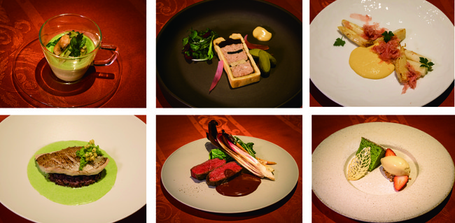 （左上から）春菊のフラン、パテ アンクルート、ホワイトアスパラと筍のソテー、桜鯛のヴァプール　菜の花のソース、A5黒毛和牛フィレ肉のステーキ、抹茶のシフォンケーキ ふきのとうのアイス