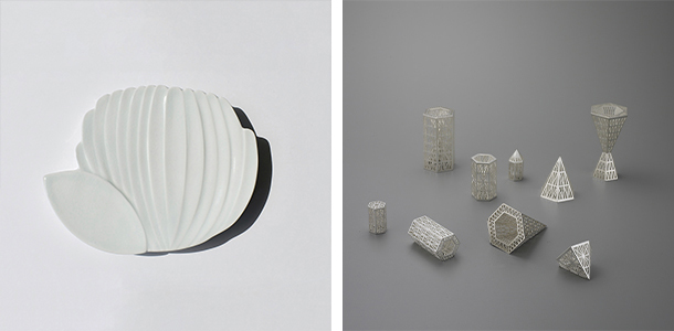 左：李采林（イ・チェリム）「花の皿Ⅰ」　　右：嚴唯眞 (オム・ユジン)「万華鏡シリーズ」