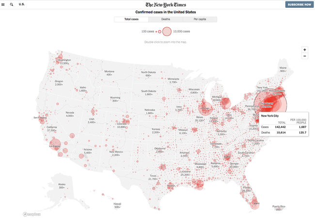 The New York Timesの例。米国での新型コロナウイルスの最新マップ （Source：Mapbox US blog）