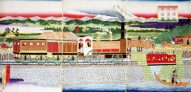横浜往返蒸気車全図　三代広重　明治５年（1872）　横浜開港資料館所蔵