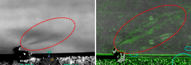 左図：「OGI640」で撮影したメタンガスの様子 　　右図：画像処理にてガスを強調した様子