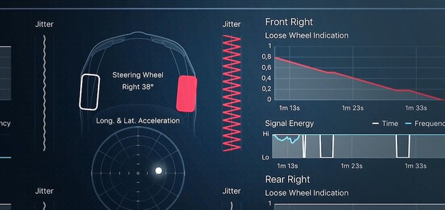 車輪の緩みを検出し、右前輪の脱輪の予兆をドライバーもしくは車両管理者に知らせる