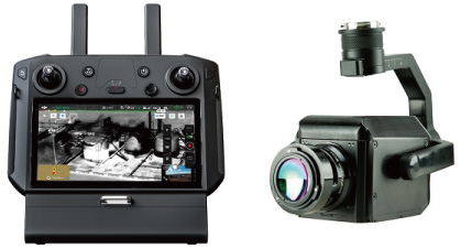 DJI社製プロポにガスカメラ映像が映し出されている様子・「OGI640」本体
