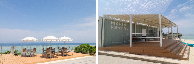 ▲海の家「Seaside CAFE」デッキ（左）とレンタル施設「Marine Rental」（右）