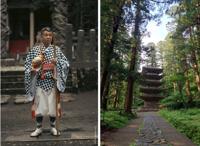 出羽三山神社の羽黒山伏装束をまとった山伏の大井満さん（写真左）と杉並木の中にひっそりと立つ国宝・羽黒山五重塔（写真右）